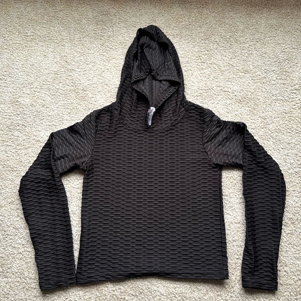 Lightweight, athletic pullover hoodie. Color black, size small.